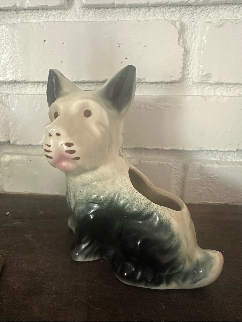 Vintage Ceramic Dog Planter in Cream and black